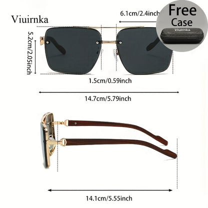 Square Fashion Glasses with Wood Grain Temples for Men Women – Double Beam Retro Design Gradient Lens Sunglasses Unisex for Driving Travel Street Photography Gift with Case