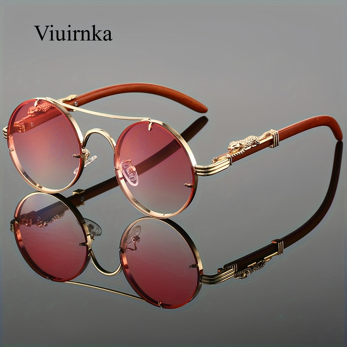 Round Metal Frame Gradient Sunglasses for Men & Women – Luxury Double Bridge, Leopard Detail Hinges, Gradient PC Lenses, Includes Case, Chic Vacation & Street Style Eyewear