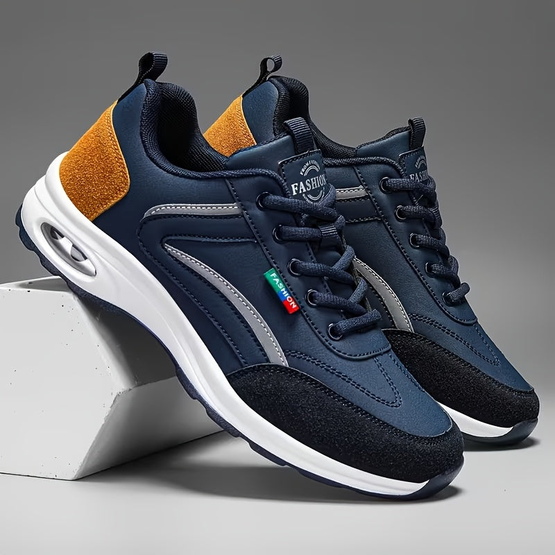 Men's Fashion Sneakers Lace-Up – Non-Slip Soft Sole Casual Running Shoes, PU Upper, Comfortable Lining, Lightweight for Outdoor Sports, Walking & Everyday Wear – Available in Blue, Black & White
