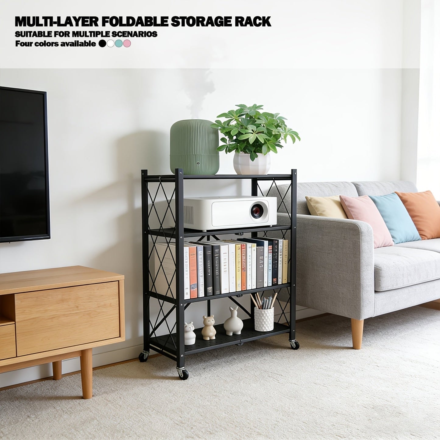 Heavy Duty Folding Storage Rack with Wheels – 3/4/5-Tier Portable Floor-Standing Shelf, No Assembly Required, for Home, Office, Bedroom & Dorm, 4 Colors Available