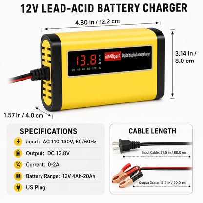 12V Smart Car Battery Charger and Maintainer, Intelligent Trickle Charger with Desulfurization & Temperature Compensation for 2Ah-100Ah Batteries – Compatible with Car, Truck, Motorcycle & Lawn Mower