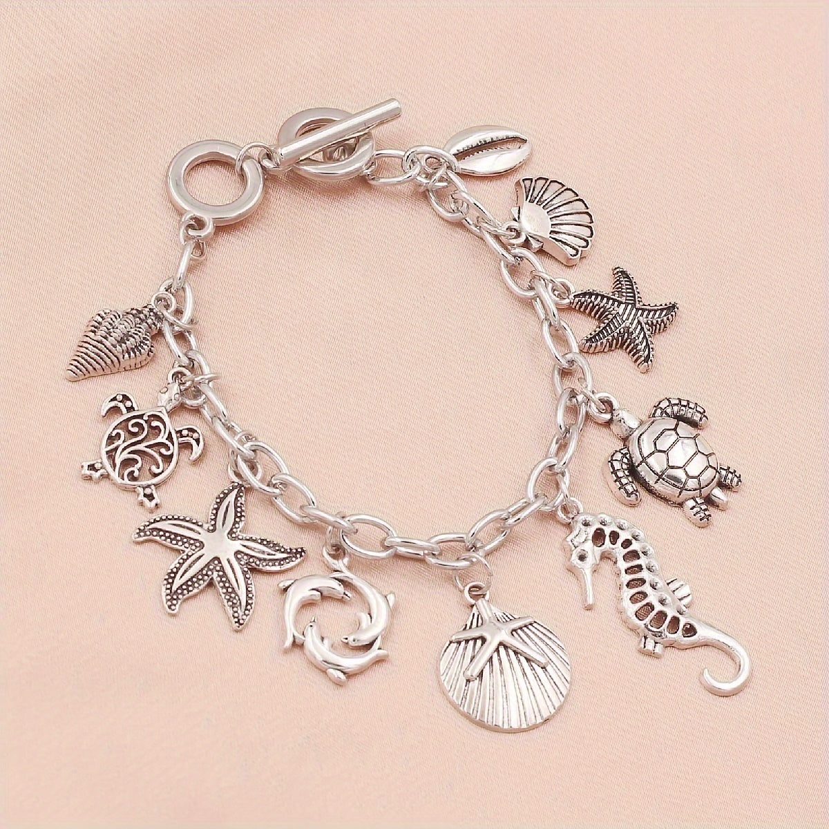 S925 Silver Ocean Charm Bracelet for Women – Seahorse, Turtle, Dolphin, Starfish, Conch & Scallop Pendant Chain, Elegant Marine Animal Jewelry Friendship Gift for Summer & Vacation