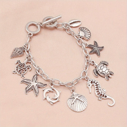 S925 Silver Ocean Charm Bracelet for Women – Seahorse, Turtle, Dolphin, Starfish, Conch & Scallop Pendant Chain, Elegant Marine Animal Jewelry Friendship Gift for Summer & Vacation