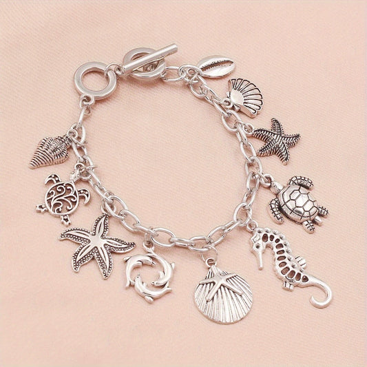 S925 Silver Ocean Charm Bracelet for Women – Seahorse, Turtle, Dolphin, Starfish, Conch & Scallop Pendant Chain, Elegant Marine Animal Jewelry Friendship Gift for Summer & Vacation
