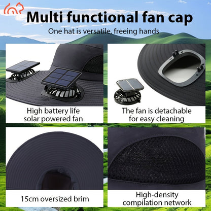 Solar Fan Hat with Dual Fans & USB Charging for Men & Women – Wide Brim Cooling Cap with Long Battery Life for Camping, Hiking, Fishing, Gardening & Outdoor Activities, Black, Dark Gray & Khaki