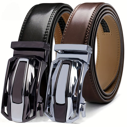 2-Pack Men's Ratchet Leather Belt Set – Sliding Adjustable Buckle, 1-3/8" Width, Sizes 26"-54", 3 Color Combos, Dress & Fashion Belt, Perfect Christmas & Father's Day Gift