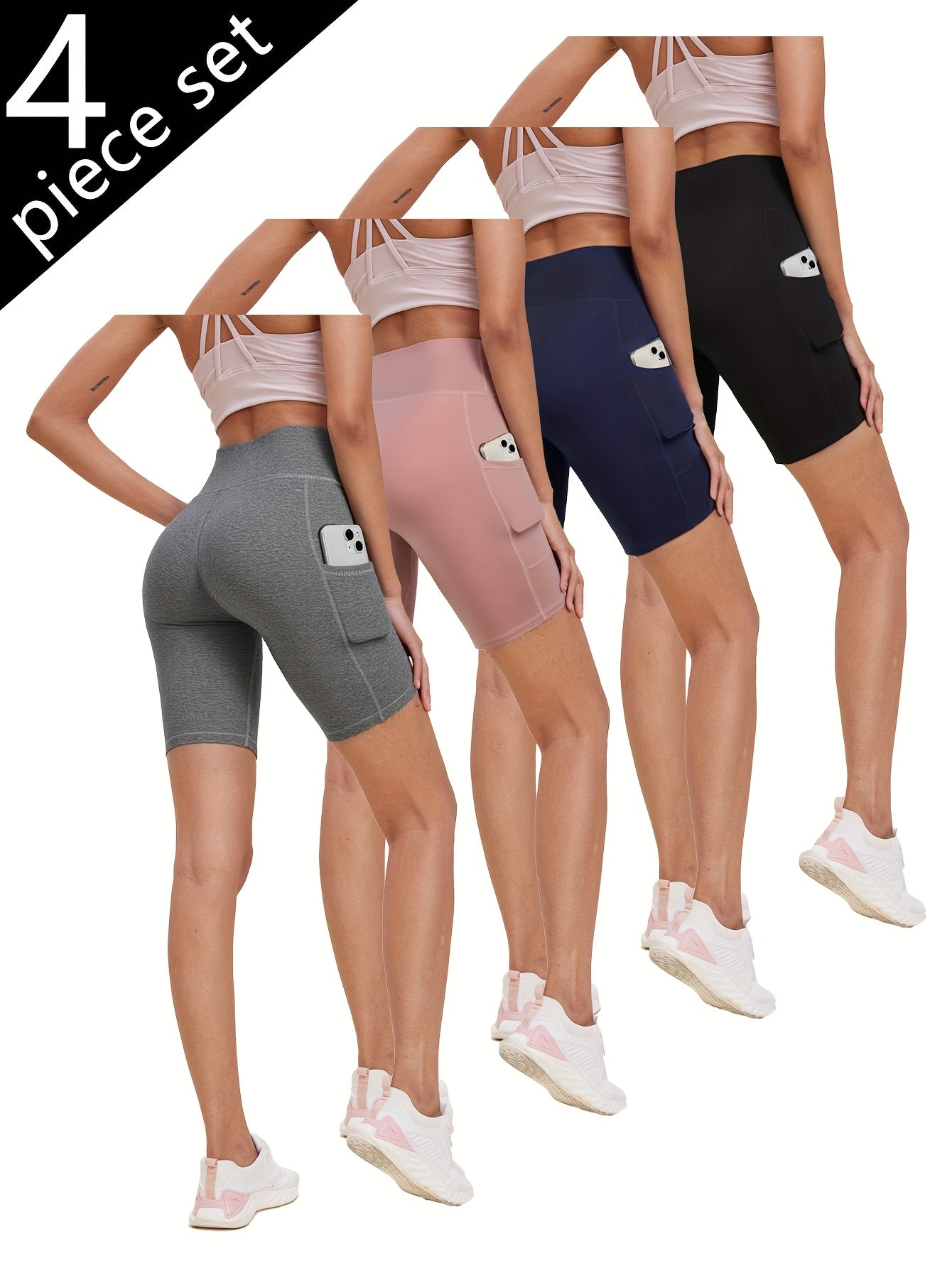 Women's High-Waisted Yoga Shorts 4-Pack Butt-Lifting 5-Pocket – Mid-Stretch Breathable Seamless Workout Shorts for Summer Yoga, Pilates & Gym Training (Red, Black, Gray, Navy Blue)