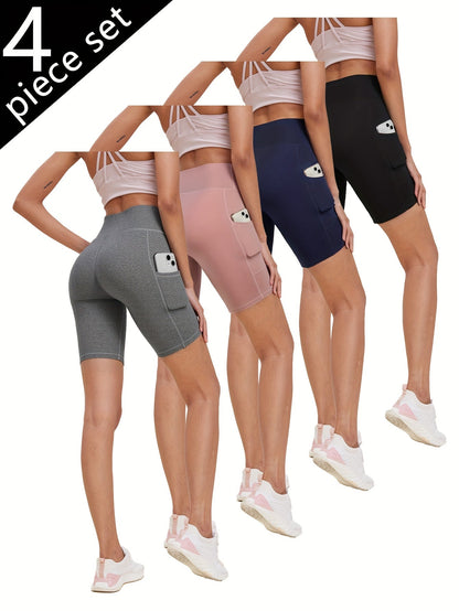 Women's High-Waisted Yoga Shorts 4-Pack Butt-Lifting 5-Pocket – Mid-Stretch Breathable Seamless Workout Shorts for Summer Yoga, Pilates & Gym Training (Red, Black, Gray, Navy Blue)