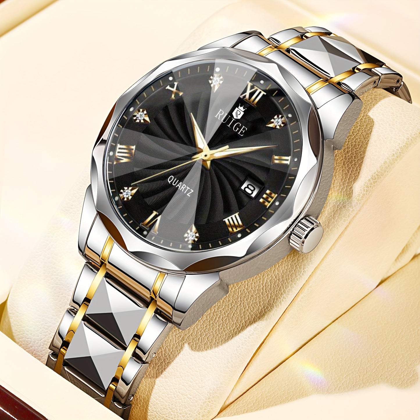RUIGE Men's Fashion Quartz Watch – Night Light, Dual Calendar, Diamond Shaped Mirror Dial, Stainless Steel Case, Alloy Strap, Business Casual Wristwatch, Perfect Father's Day Gift for Men