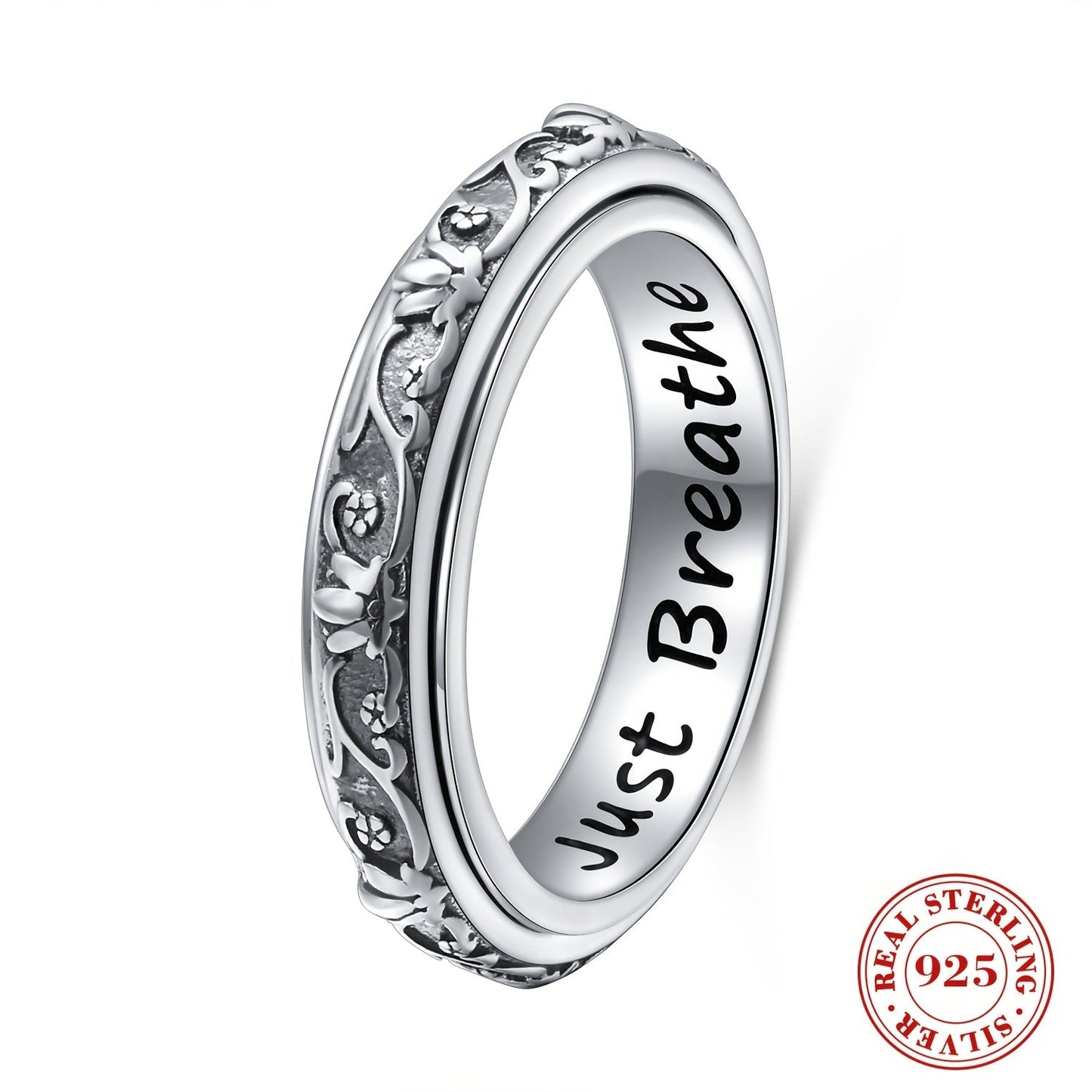 S925 Sterling Silver Lotus Flower Spinner Anxiety Ring – Just Breathe Oxidized Fidget Band for Stress Relief ADHD Autism Yoga, Unisex Worry Ring Sizes 8-12 Gift for Women Men
