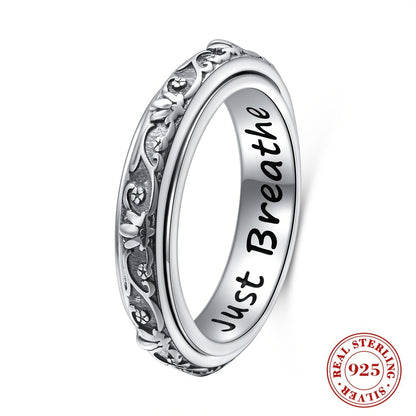S925 Sterling Silver Lotus Flower Spinner Anxiety Ring – Just Breathe Oxidized Fidget Band for Stress Relief ADHD Autism Yoga, Unisex Worry Ring Sizes 8-12 Gift for Women Men