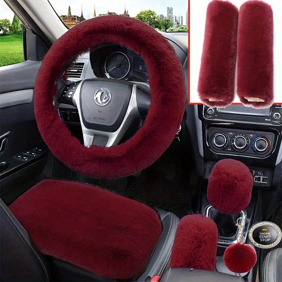 Fluffy Plush Car Steering Wheel Cover 8-Piece Interior Set - Rex Rabbit Fur Universal Fit 14.5-15 Inch, Cute Women's Car Accessories in 12 Colors for SUV Sedan Truck, Pink Purple Black & More