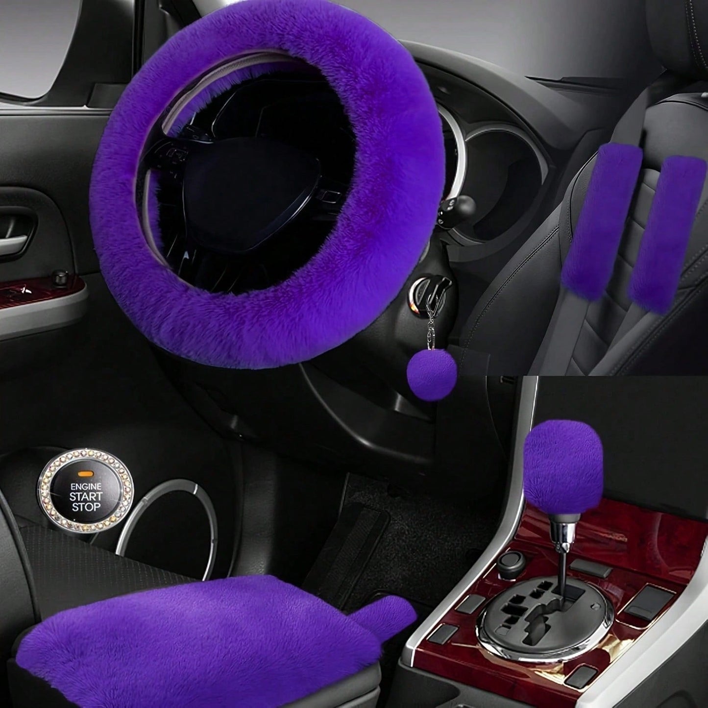 Fluffy Plush Car Steering Wheel Cover 8-Piece Interior Set - Rex Rabbit Fur Universal Fit 14.5-15 Inch, Cute Women's Car Accessories in 12 Colors for SUV Sedan Truck, Pink Purple Black & More