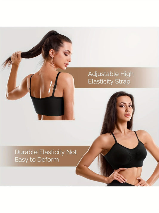 V-Neck Padded Bralette Cami Bra 4 Pack – Wireless Tank Top Sports Bra with Adjustable Straps for Women, Soft Padded Everyday Bralette Set, Sizes S-XL, Colors Rust, Beige, Green, Blue