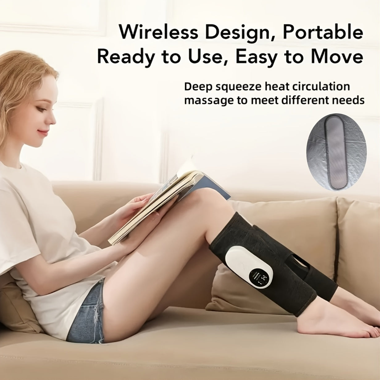 Cordless Air Compression Leg Massager 3 Intensities Calf Thigh Foot Knee Relief Rechargeable Portable Massager for Home Office Travel Gray Black