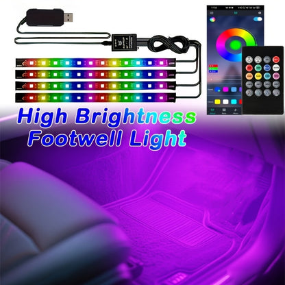 RGB Car LED Interior Light Kit 4-Piece Footwell Underglow Strip Lights, 16 Colors USB Powered with Remote, DIY Ambient Lighting for All Vehicles Cars Trucks SUVs
