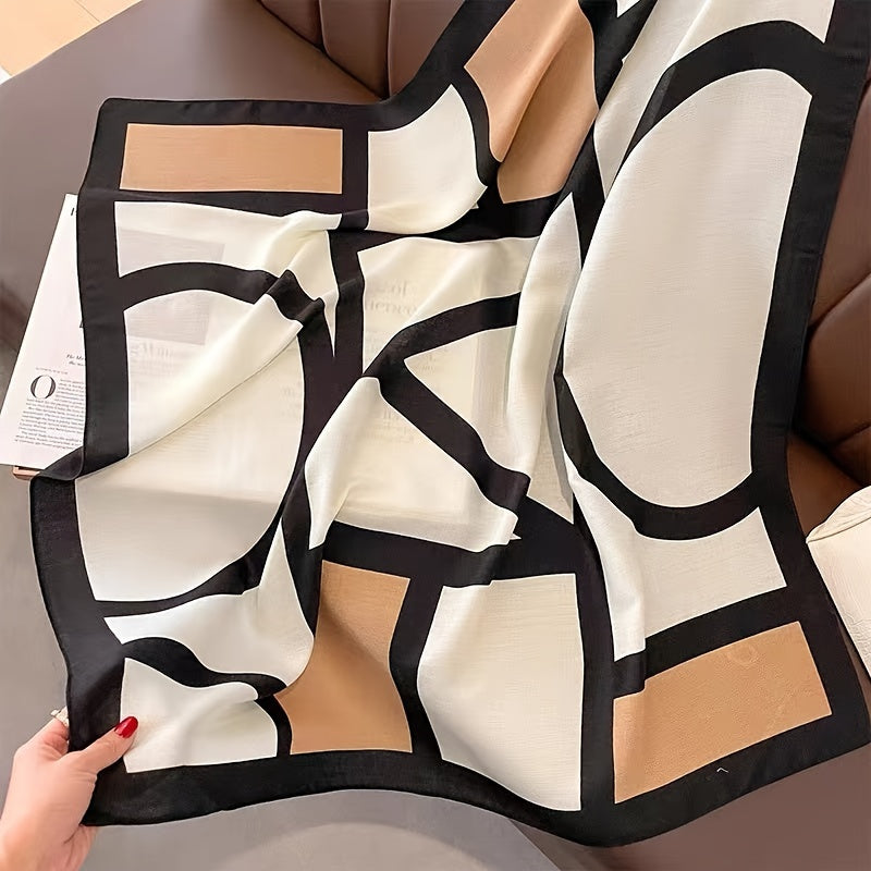Women's Color Block Viscose Scarf & Shawl – Soft Breathable Geometric Print Windproof Sun Protection Wrap for Casual Outings Travel, Lightweight Hand-Wash Easy Care, Beige Khaki Orange