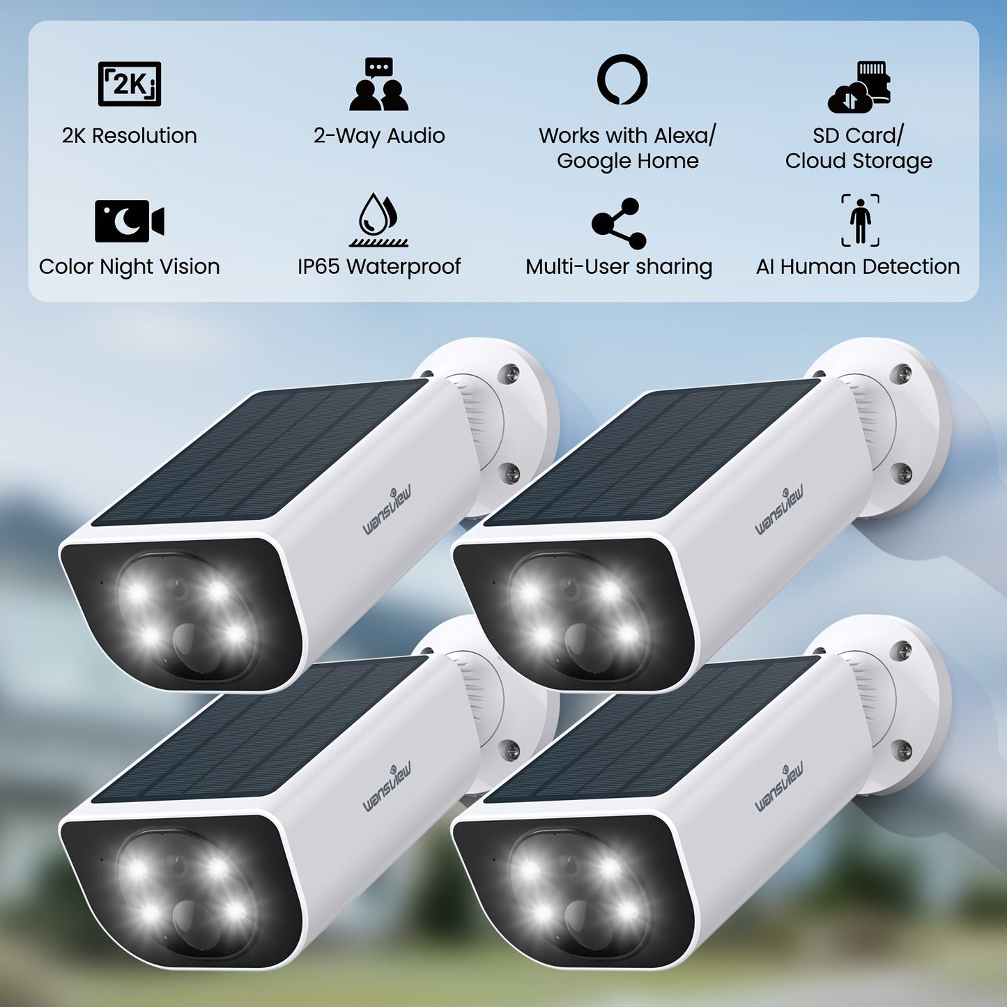 Wansview Solar Security Camera Outdoor Wireless 2K HD – Color & Infrared Night Vision, PIR AI Motion Detection, Two-Way Audio, IP65, SD Card & Cloud Storage, Alexa & Google Home Compatible, 1-4 Pack
