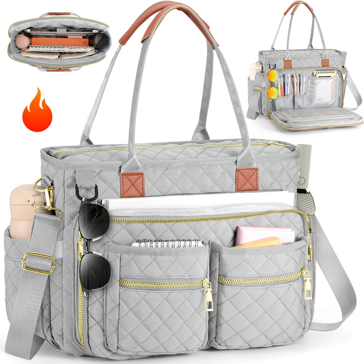 Women's Diamond Pattern Tote Bag – Multi-Compartment Laptop Work Bag, Wear-Resistant Commuter Teacher Bag, Stylish Professional Shoulder Bag for Office, School & Travel