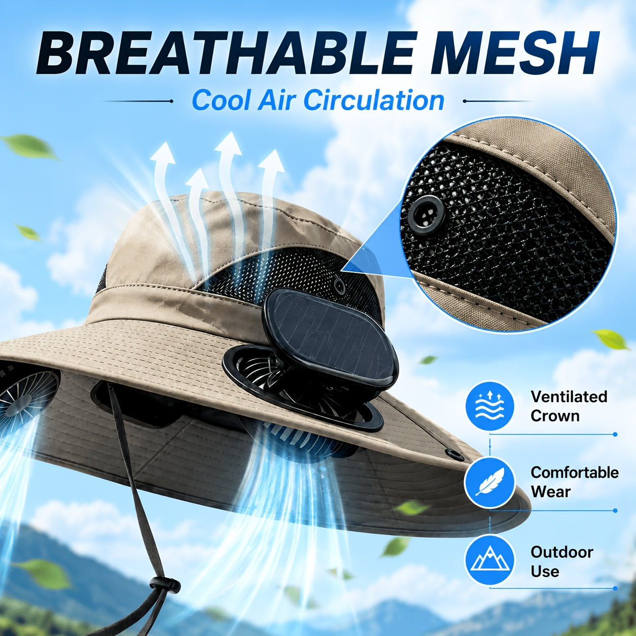 Solar Fan Hat for Men & Women – Wide Brim Sun Hat with Dual Cooling Fans Adjustable Airflow & UV Protection for Summer Travel Gardening Hiking Camping & Yard Work