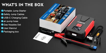 Portable Jump Starter 15000A-19000A Peak | 17-in-1 with 350PSI Air Compressor, 12V Car Battery Charger, LED Light, Digital Display – Emergency Kit for Cars, Trucks & SUVs