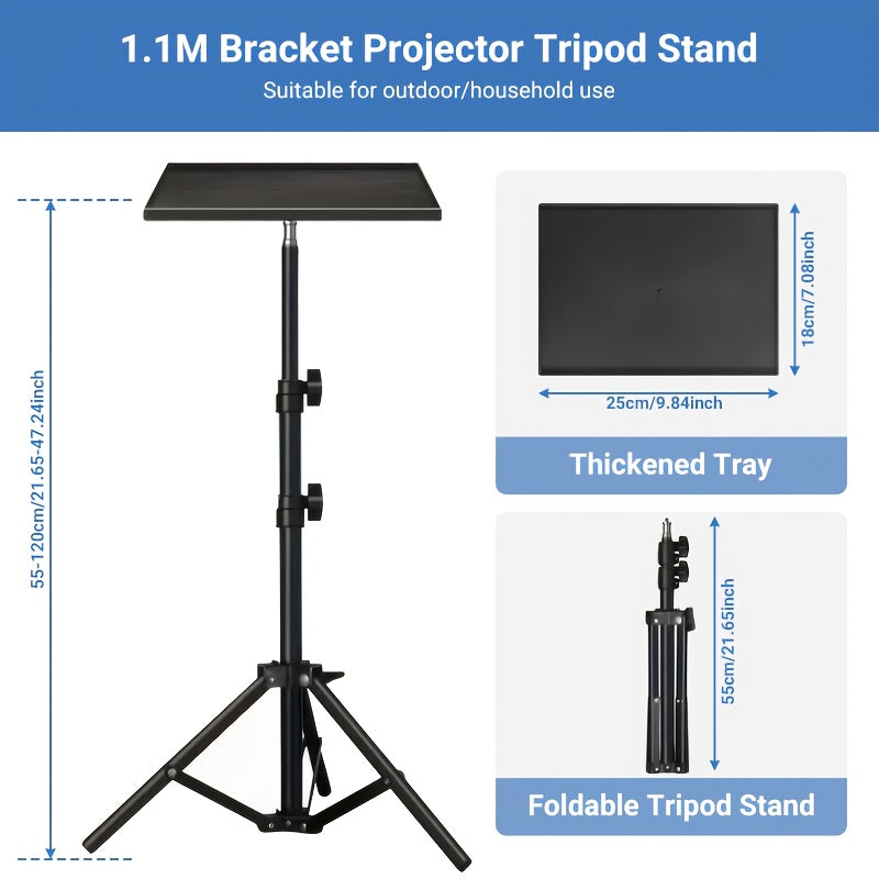 Projector & Laptop Tripod Stand – Height Adjustable with Gooseneck Phone Holder, 180° Tilt Tray, 22 lb Capacity, Portable Floor Stand for Office Home Stage Studio & DJ