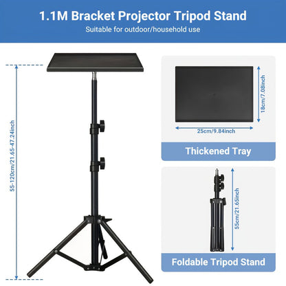 Projector & Laptop Tripod Stand – Height Adjustable with Gooseneck Phone Holder, 180° Tilt Tray, 22 lb Capacity, Portable Floor Stand for Office Home Stage Studio & DJ