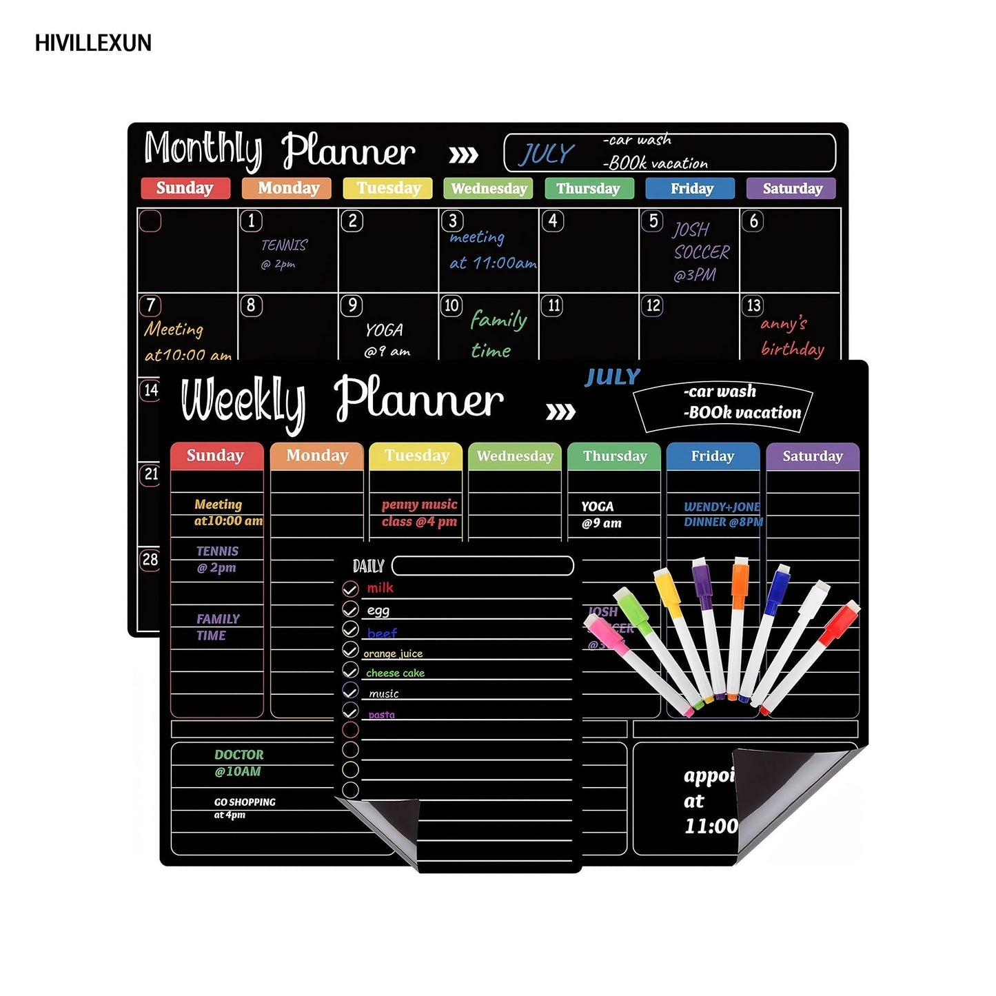 Black Magnetic Dry Erase Board Set 3-Pack – Monthly Weekly Daily Planner Boards for Fridge & Wall, Family Organizer Calendar with 8 Dry Erase Markers, Home Office Kitchen School