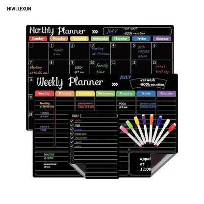 Black Magnetic Dry Erase Board Set 3-Pack – Monthly Weekly Daily Planner Boards for Fridge & Wall, Family Organizer Calendar with 8 Dry Erase Markers, Home Office Kitchen School