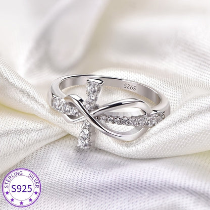 925 Sterling Silver Infinity Cross Ring with Sparkling Cubic Zirconia – Elegant Glitter Wedding & Party Ring for Women, Symbolic Gift in Sizes 6-10, Lightweight 1.5g Design
