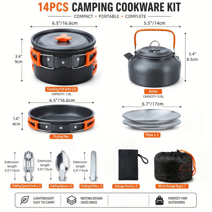 Camping Cookware Mess Kit 8/9/14/15 Piece, Portable Non-Stick Aluminum Alloy Camp Cook Set with Kettle Pot Frying Pan Plates Utensils, Lightweight Backpacking Outdoor Cooking Gear for Hiking & Travel