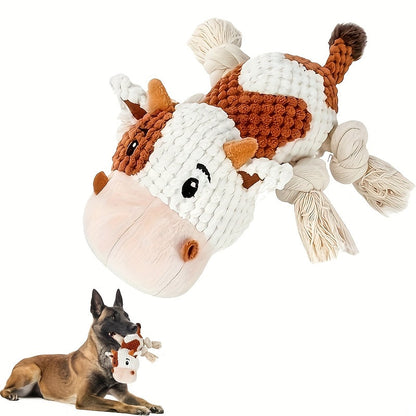 Squeaky Cow Dog Toy Plush Interactive Tug-of-War with Crinkle Paper, IQ Training Chew Toy for Small Medium Large Dogs, No Battery Needed, Anxiety Relief Pet Toy