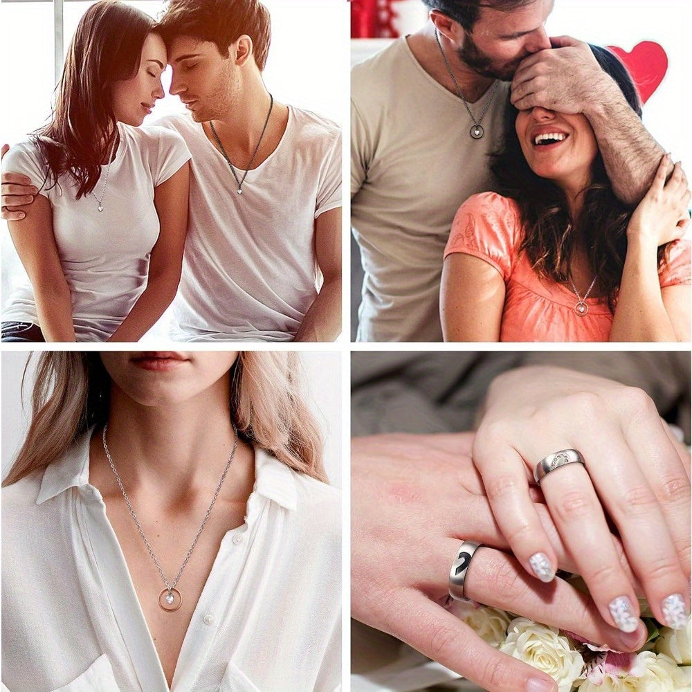 Matching Couples Necklace and Promise Ring Set Romantic Pendant for Him and Her Anniversary Valentine's Day Gift I Love You 100 Languages Vintage Jewelry