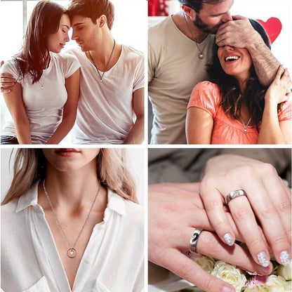 Matching Couples Necklace and Promise Ring Set Romantic Pendant for Him and Her Anniversary Valentine's Day Gift I Love You 100 Languages Vintage Jewelry