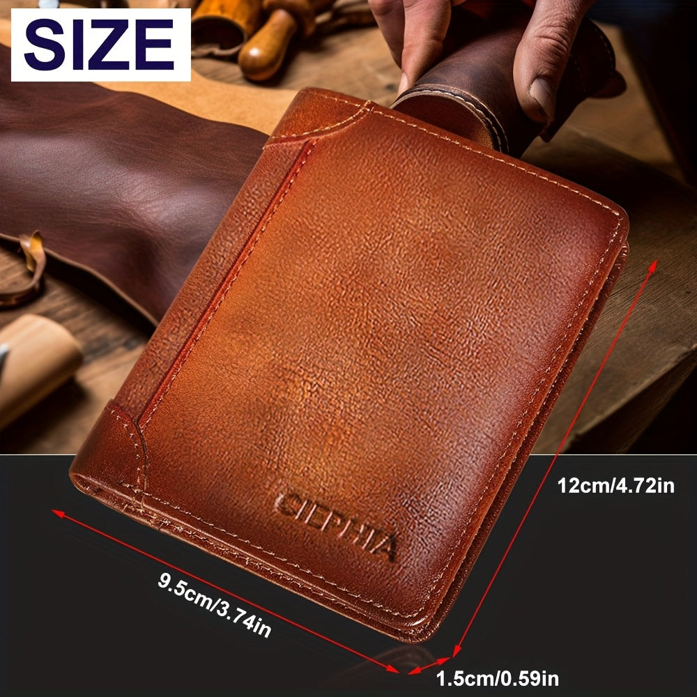 RFID Blocking Genuine Leather Wallet for Men Trifold Cowhide Vintage Credit Card Holder 2 ID Windows Money Clip Cash Slots Father's Day Gift for Dad Husband