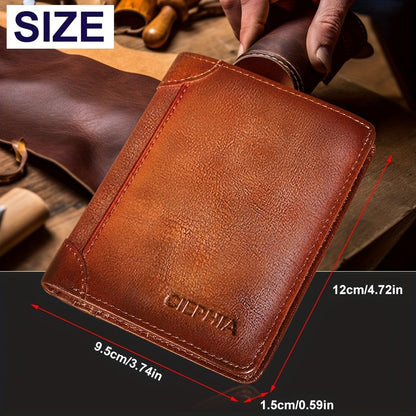 RFID Blocking Genuine Leather Wallet for Men Trifold Cowhide Vintage Credit Card Holder 2 ID Windows Money Clip Cash Slots Father's Day Gift for Dad Husband