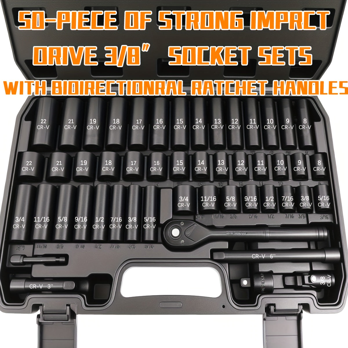 Impact Socket Set 3/8" Drive CR-V Steel – 50 to 999 Piece Ratchet Kit with Adapter, Common SAE & Metric Sizes for Auto Repair, DIY Home Projects & Professional Mechanics