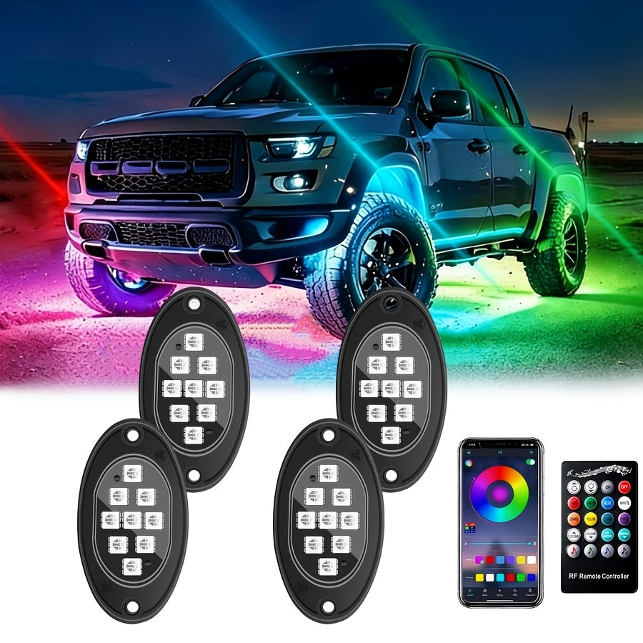 RGB LED Rock Light Kit for Trucks & Off-Road Vehicles - Sound Activated APP & Remote Dual Control, Multi-Color Underglow Chassis Neon Lights for Pickup Trucks, SUVs & 4x4, 4/6/8/10 Pod Options