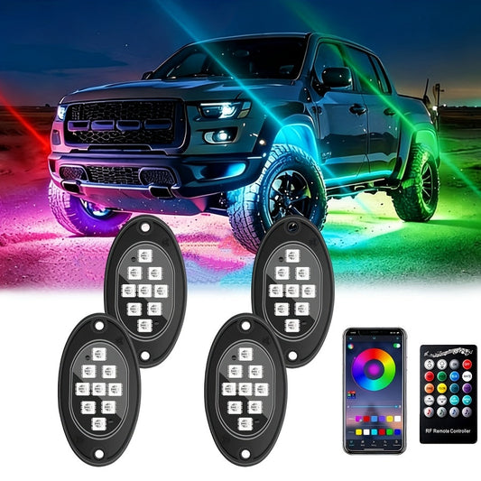 RGB LED Rock Light Kit for Trucks & Off-Road Vehicles - Sound Activated APP & Remote Dual Control, Multi-Color Underglow Chassis Neon Lights for Pickup Trucks, SUVs & 4x4, 4/6/8/10 Pod Options
