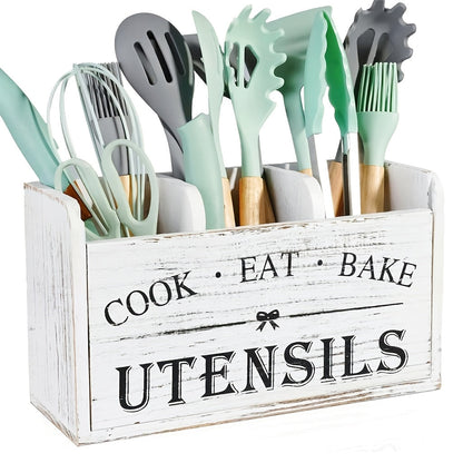 Rustic Wooden Kitchen Utensil Organizer with Handle & 3 Compartments – Countertop or Wall Mount Caddy for Cooking, Dining & Baking Tools – Farmhouse Kitchen Storage in White & Black