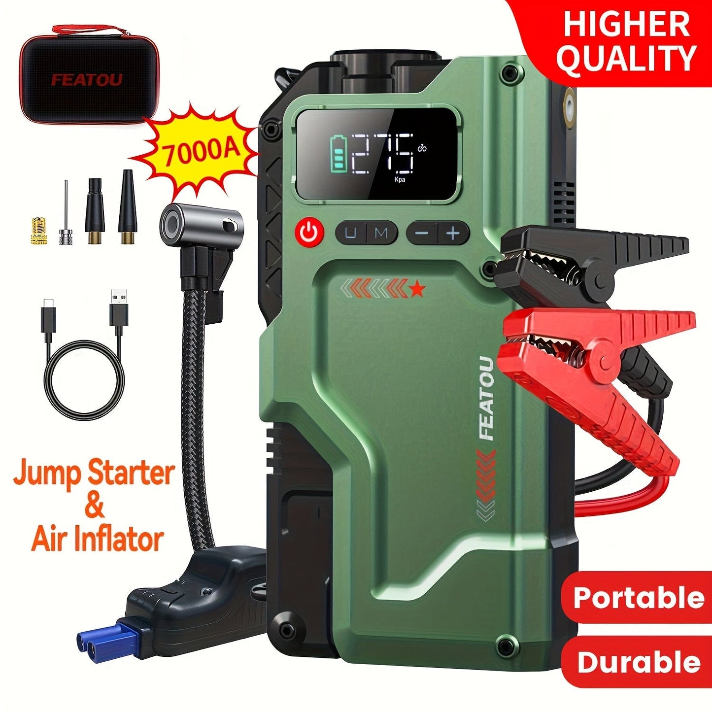 6000A/9000A Portable Jump Starter with 150 PSI Air Compressor – 7-in-1 Jump Box with Digital Tire Inflator & Battery Pack for Gas (10L) & Diesel (9.0L) Engines, Car Jumper Starter with USB Ports