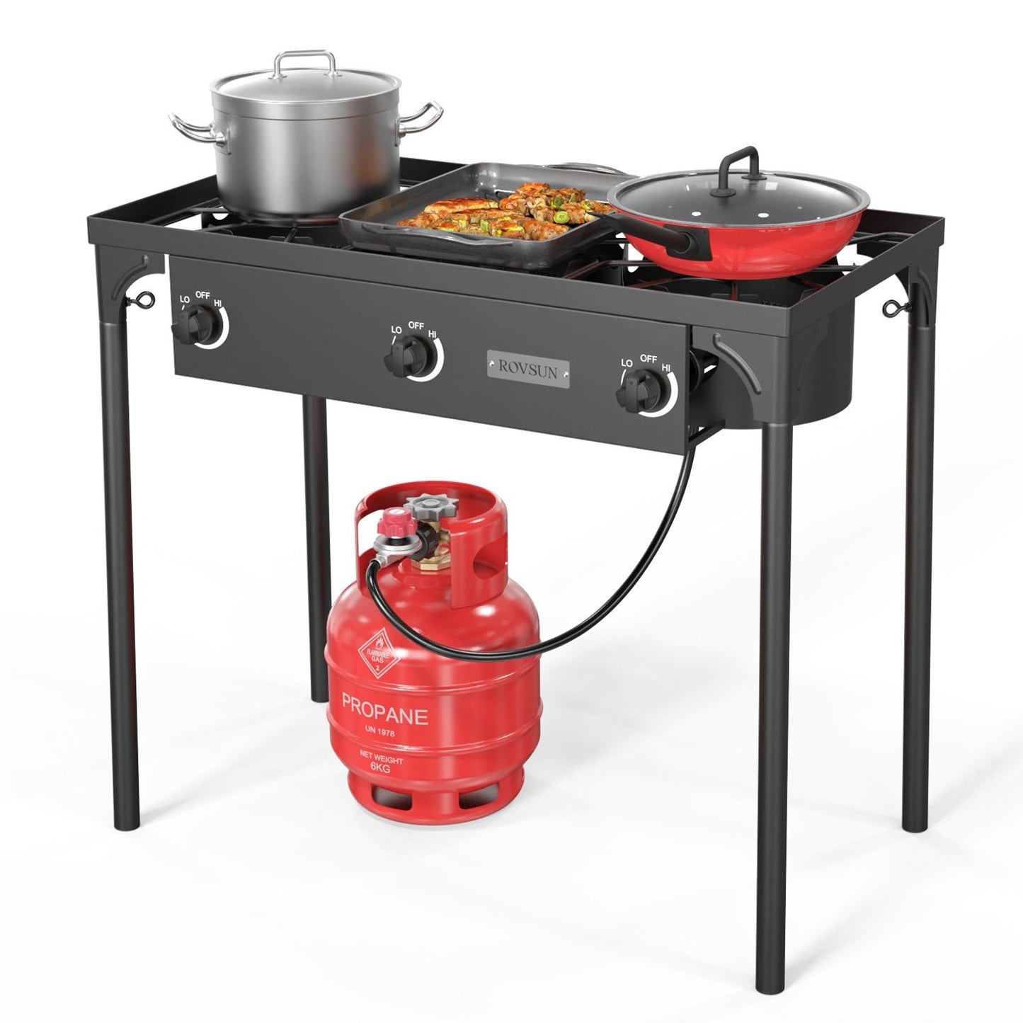 High Pressure Propane Burner Stove 100,000-225,000 BTU - Heavy Duty Cast Iron Outdoor Camp Cooker with Detachable Legs, CSA Listed Regulator, 1 or 3 Burner for Camping, Tailgating & Brewing