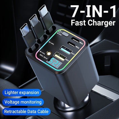 7-in-1 Car Charger with LED Color Light & 3 Retractable Cables – Fast Charging USB Hub, 180° Adjustable, Digital Display, Universal Fit for iPhone Android