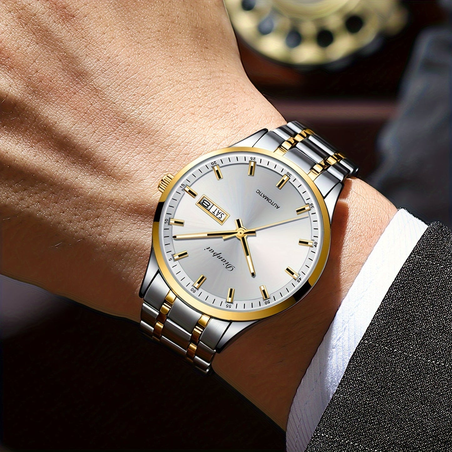 Men's Automatic Self-Winding Mechanical Watch – Slim Stainless Steel Band, Luminous Hands, Calendar Display, No Battery Needed – Luxury Business Dress Watch Gift