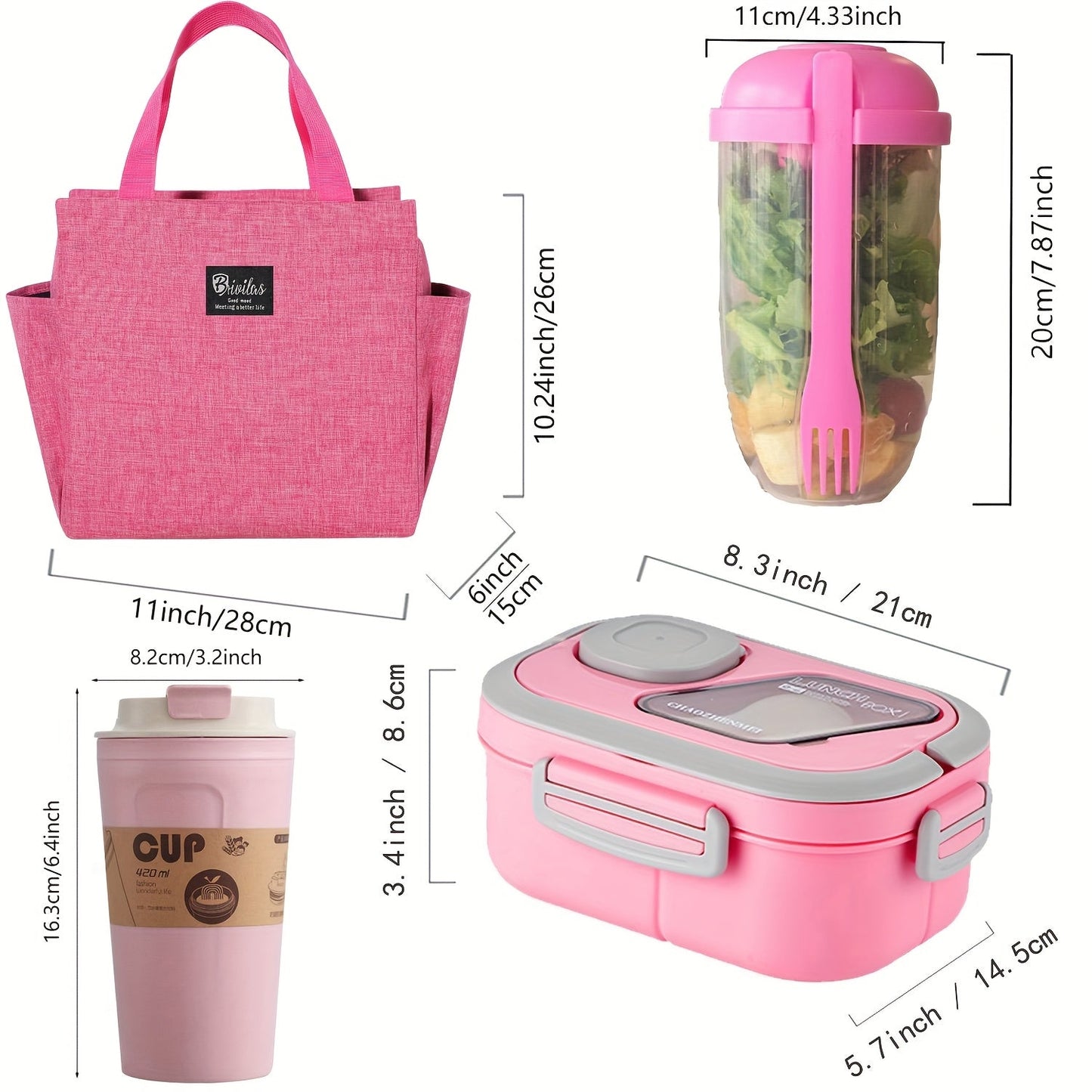 2-Layer Bento Lunch Box Set with Cup & Insulated Lunch Bag – Multi-Grid Leakproof Food Container for School, Office & Picnic, Choose Salad, Coffee, Milk or Soup Cup, Pink Green Blue White