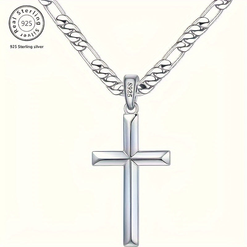925 Sterling Silver Cross Pendant Chain Necklace – Unplated Natural Silver Avant Garde Unisex Faith Jewelry, Unique Modern Cross Necklace Gift for Anniversary Christmas Birthday Men and Women