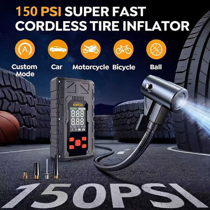 Portable Car Jump Starter with Air Compressor 20000A Peak 7-in-1 Battery Booster Pack with 150PSI Tire Inflator, Power Bank, LED Light & LCD Display – 12V Emergency Roadside Kit for Car SUV Truck