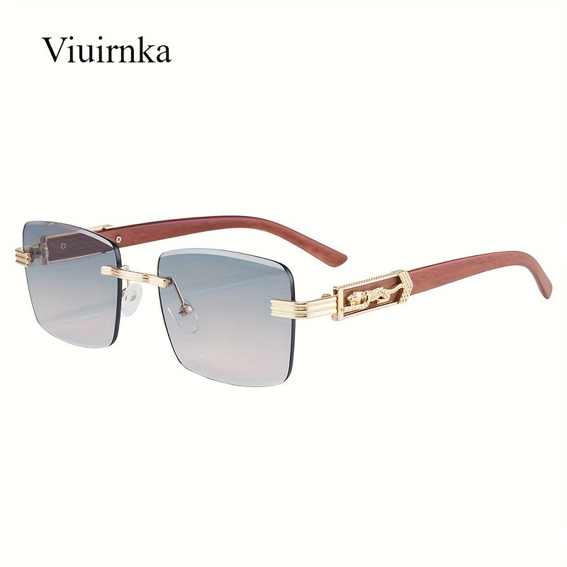 Vintage Rimless Rectangle Sunglasses for Women Men – Trendy Leopard Temple UV Protection Eyewear, 7 Lens Colors, Stylish Unisex Glasses for Outdoor, Driving, Travel, Parties & Daily Wear