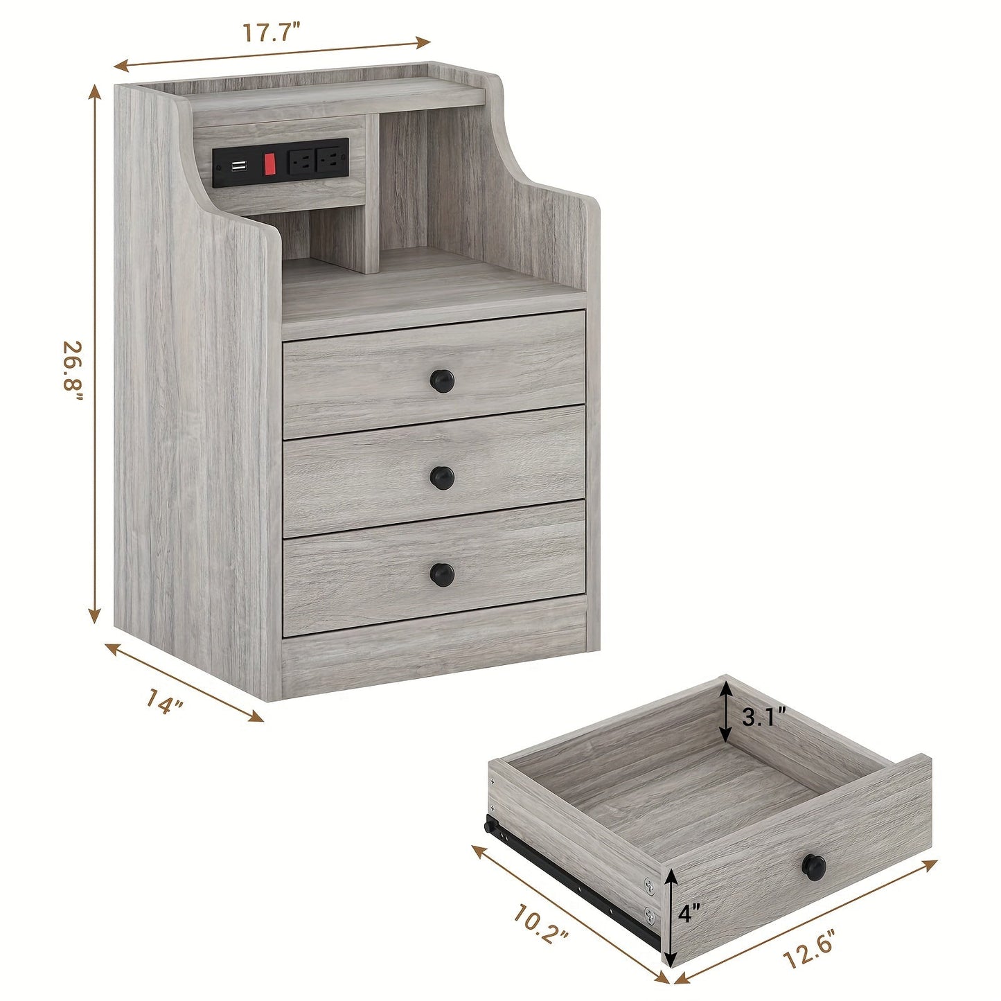 Nightstand with Charging Station – 2 USB Ports & 2 Outlets, Hutch & 3 Drawers, Bedroom End Table, Sofa Side Table for Living Room & Office, Gray or White