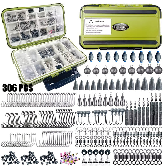 Fishing Lure Kit 306PCS & 84PCS – Complete Tackle Box with Hooks, Sinkers, Bobbers, Jigs, Beads, Swivels & Snaps | Freshwater Fishing Accessories Set for Bass Trout Carp